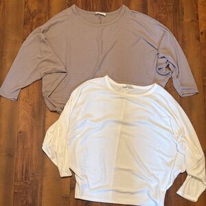 Zenana Outfitters Long Sleeve Ribbed Tops - Taupe and White